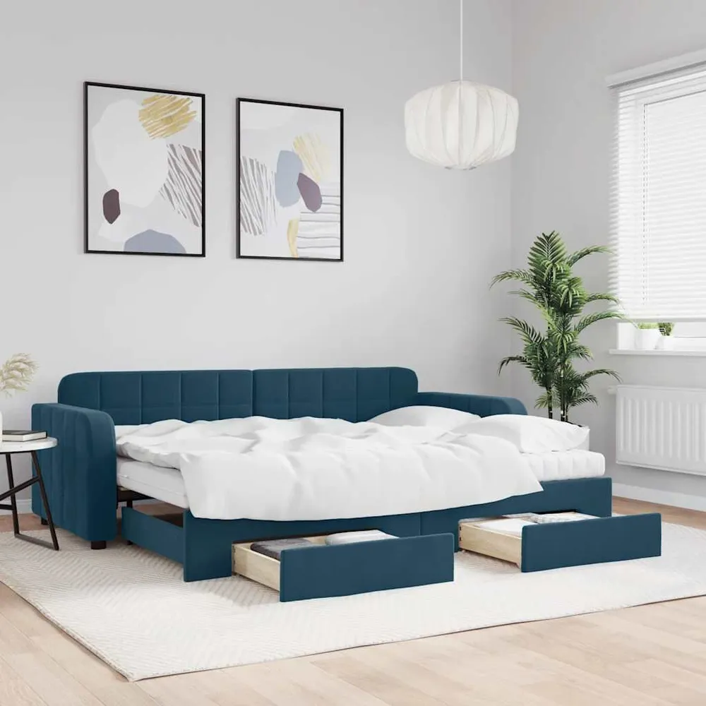 Slaapbank met onderschuifbed en lades 80x200 cm fluweel blauw 190cm Lengte