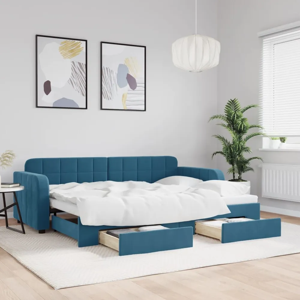 Slaapbank met onderschuifbed en lades 80x200 cm fluweel blauw met Geïntegreerde USB