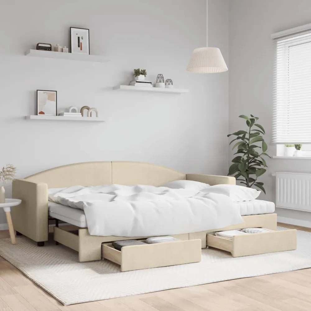 Slaapbank met onderschuifbed en lades 80x200 cm stof crèmekleur Complete Set Gordijnen
