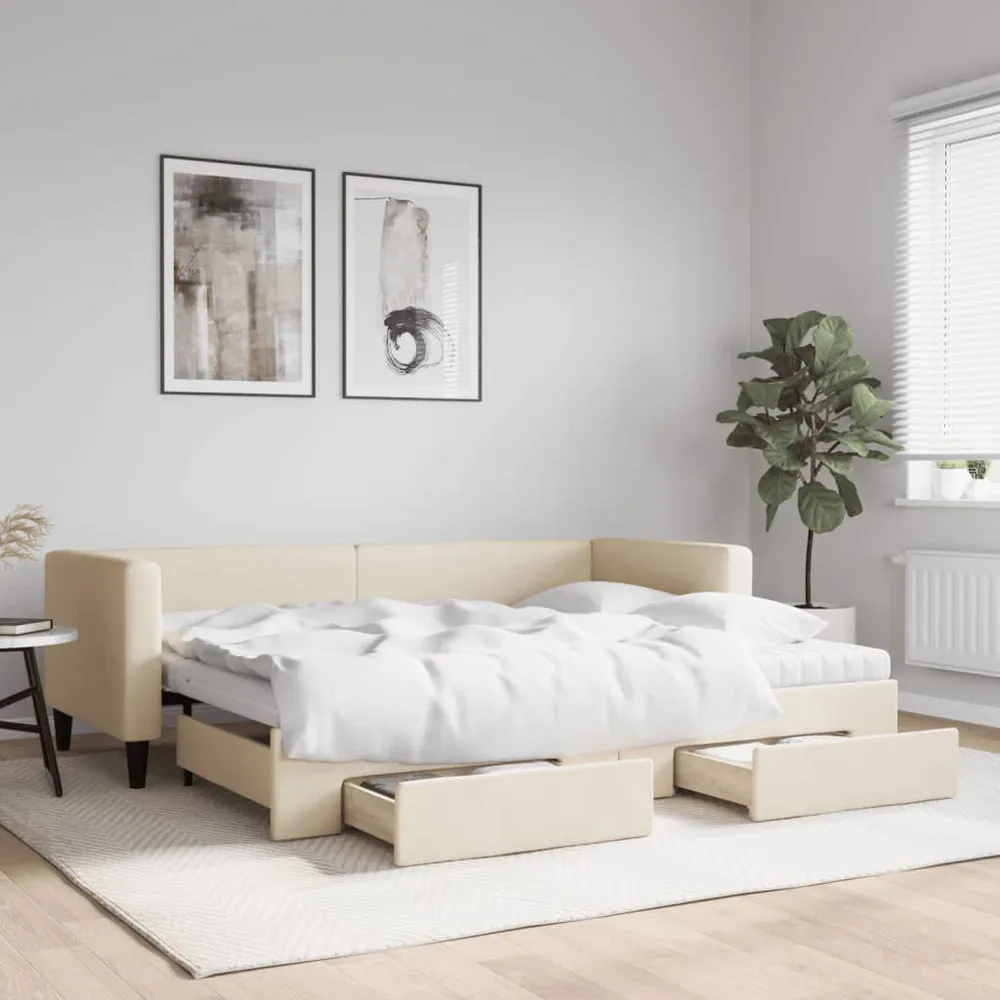 Slaapbank met onderschuifbed en lades 80x200 cm stof crèmekleur met Zachte Afwerking