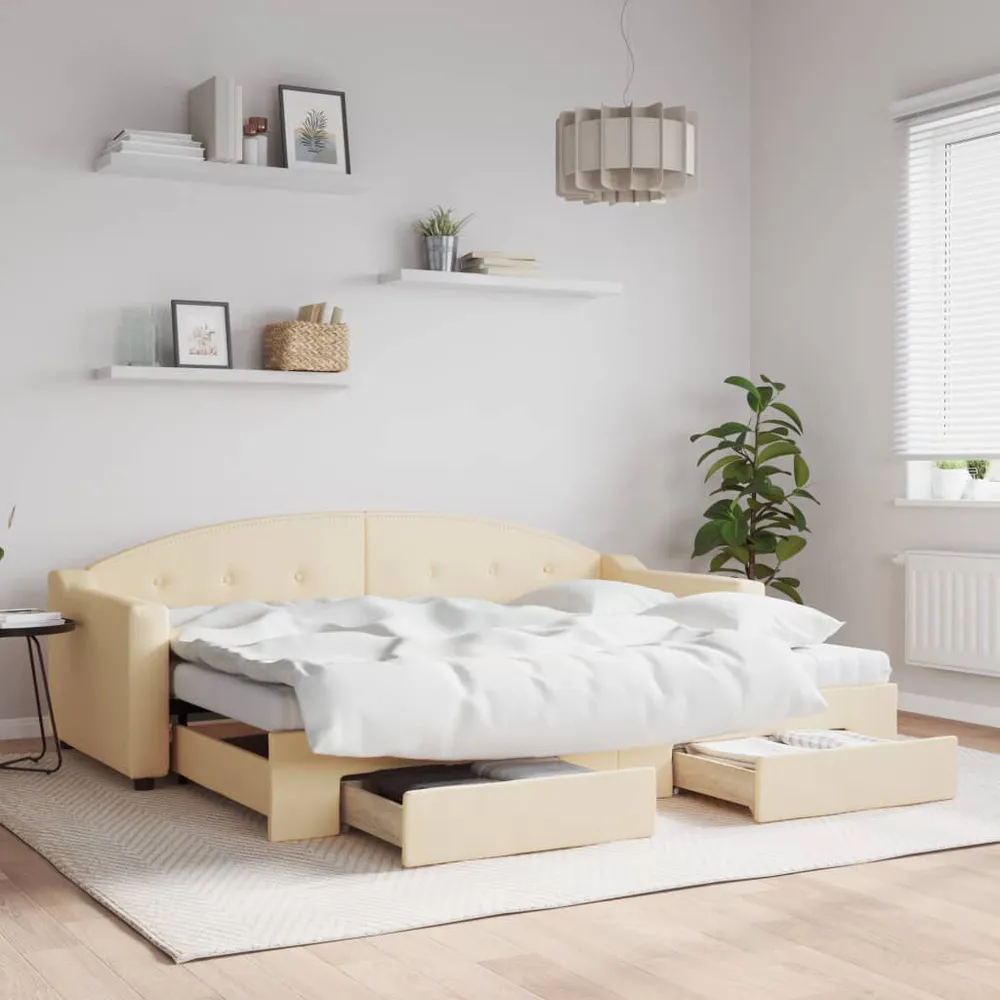 Slaapbank met onderschuifbed en lades 80x200 cm stof crèmekleur - Universeel Pasmodel