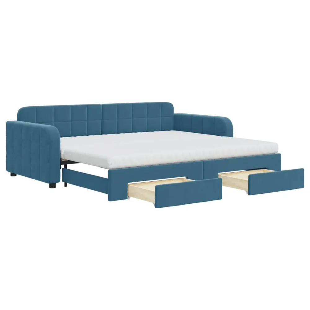 Slaapbank met onderschuifbed en lades 90x200 cm fluweel blauw