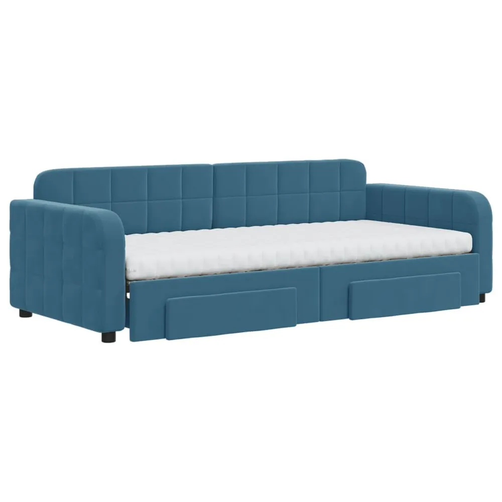 Slaapbank met onderschuifbed en lades 90x200 cm fluweel blauw