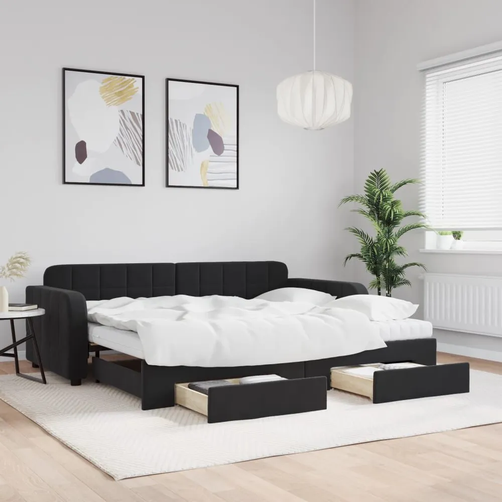 Slaapbank met onderschuifbed en lades 90x200 cm fluweel zwart