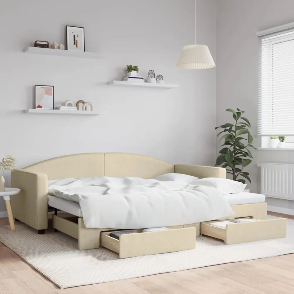 Slaapbank met onderschuifbed en lades 90x200 cm stof crèmekleur