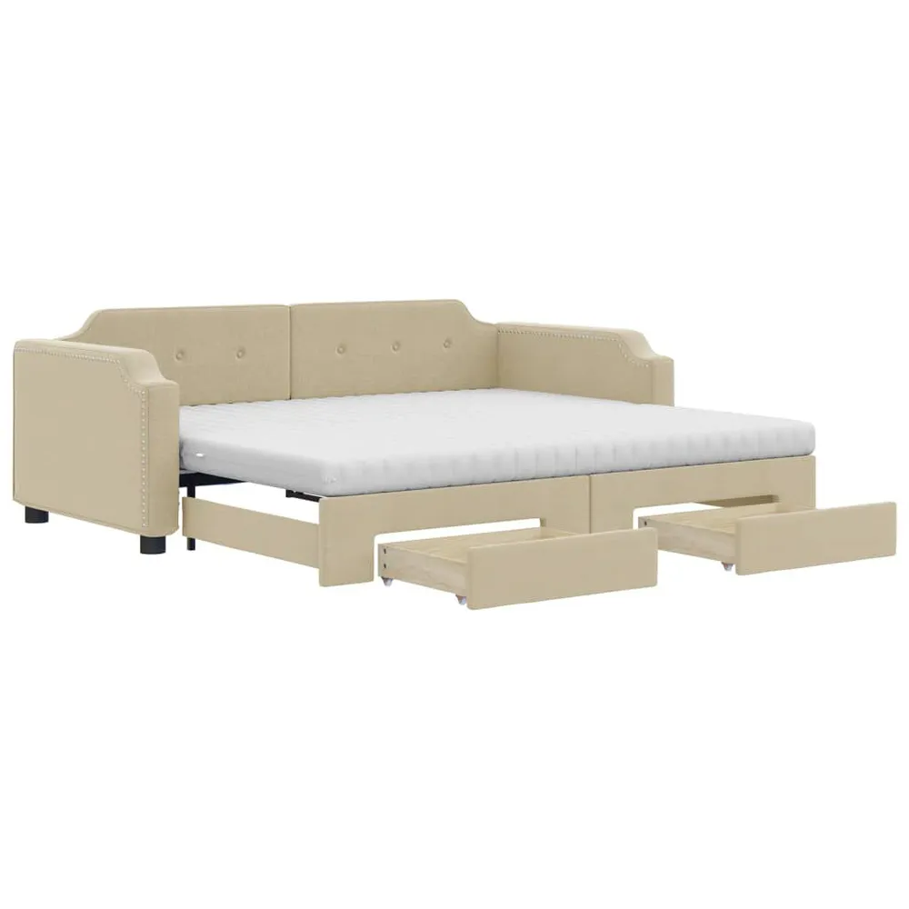 Slaapbank met onderschuifbed en lades 90x200 cm stof crèmekleur