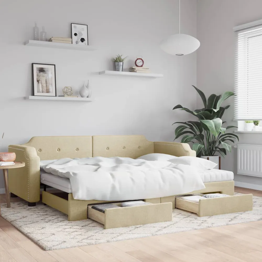 Slaapbank met onderschuifbed en lades 90x200 cm stof crèmekleur