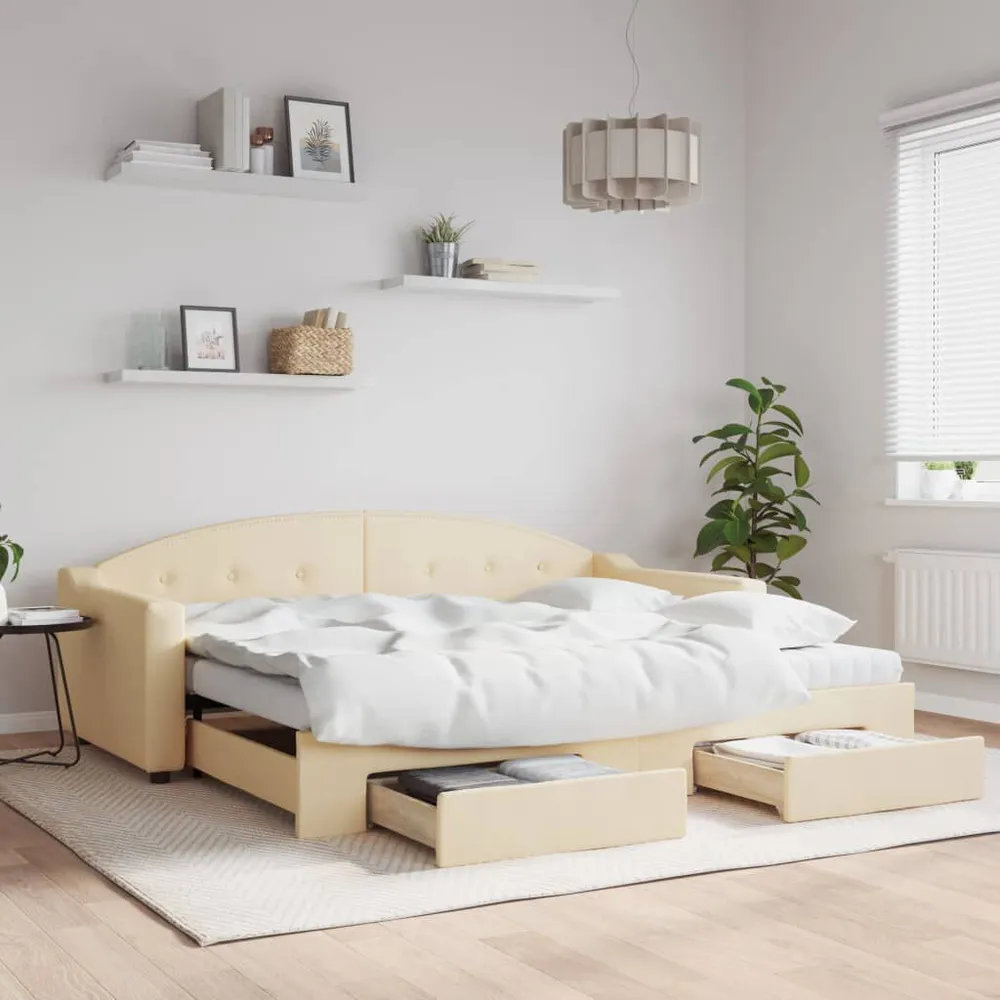 Slaapbank met onderschuifbed en lades 90x200 cm stof crèmekleur