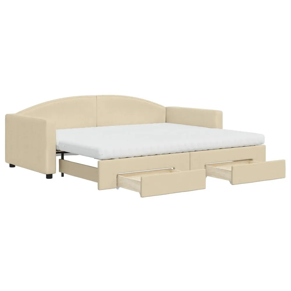 Slaapbank met onderschuifbed en lades 90x200 cm stof crèmekleur