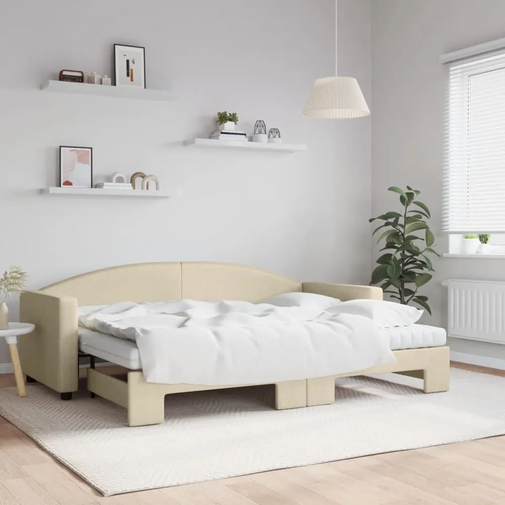 Slaapbank met onderschuifbed en matrassen 80x200 cm stof crème