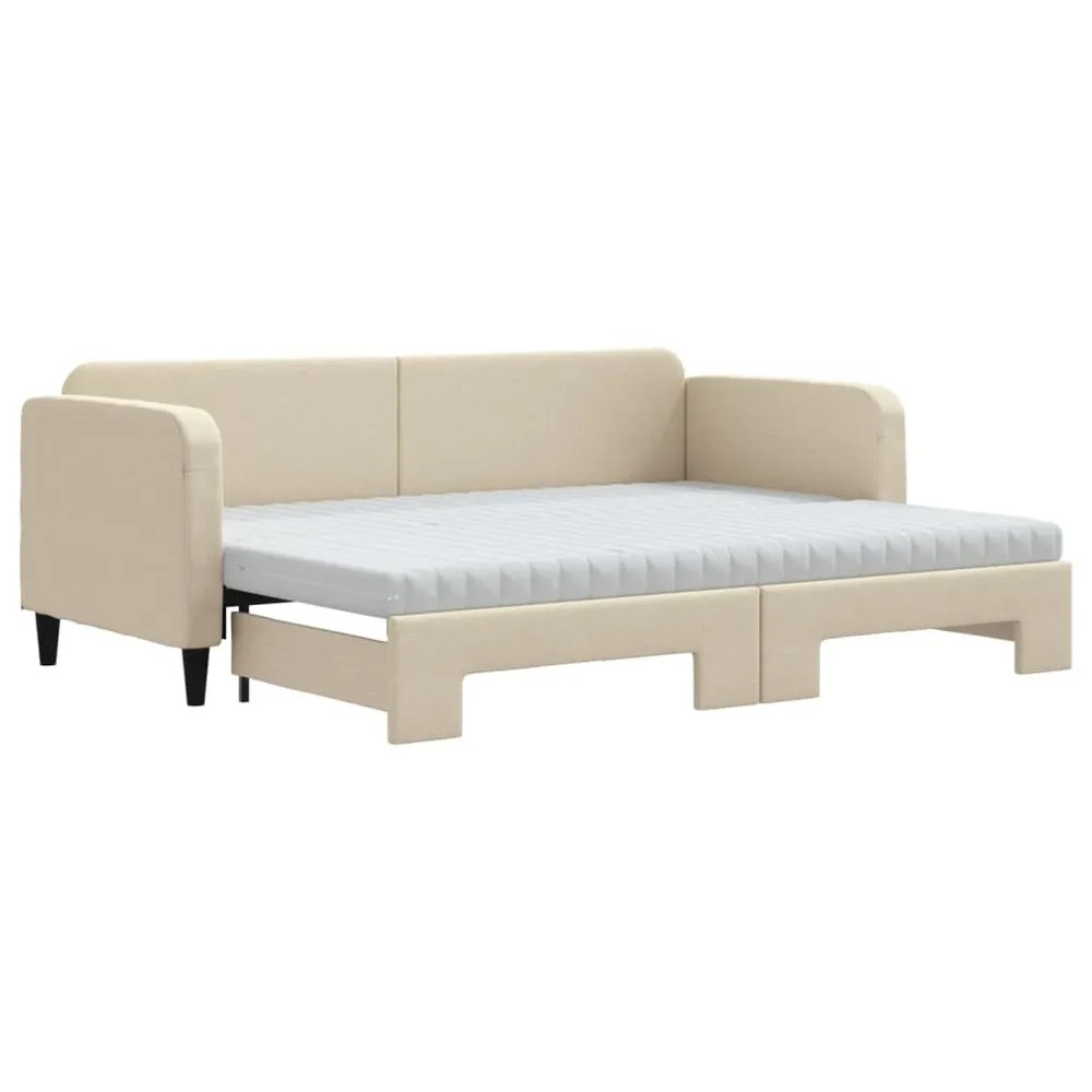 Slaapbank met onderschuifbed en matrassen 80x200 cm stof crème