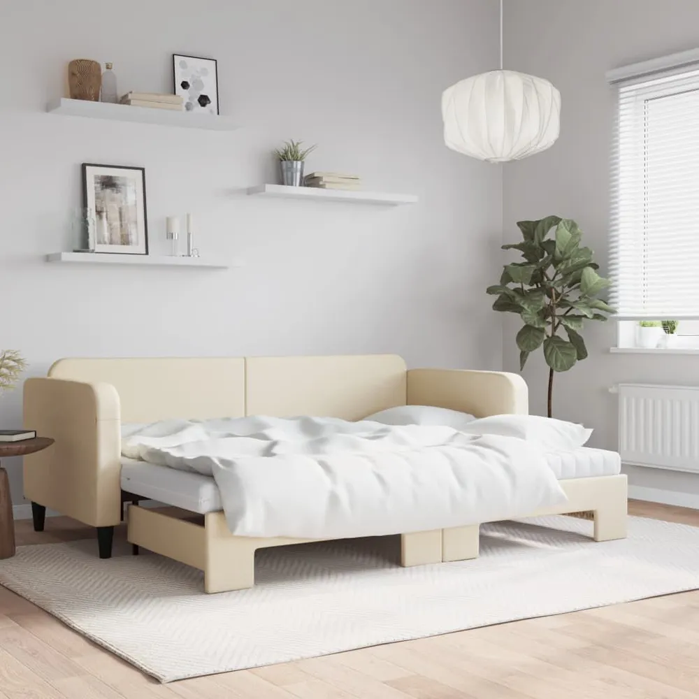 Slaapbank met onderschuifbed en matrassen 80x200 cm stof crème