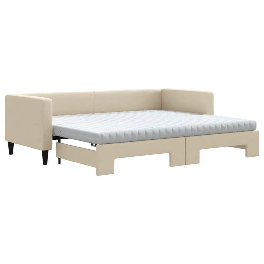 Slaapbank met onderschuifbed en matrassen 80x200 cm stof crème