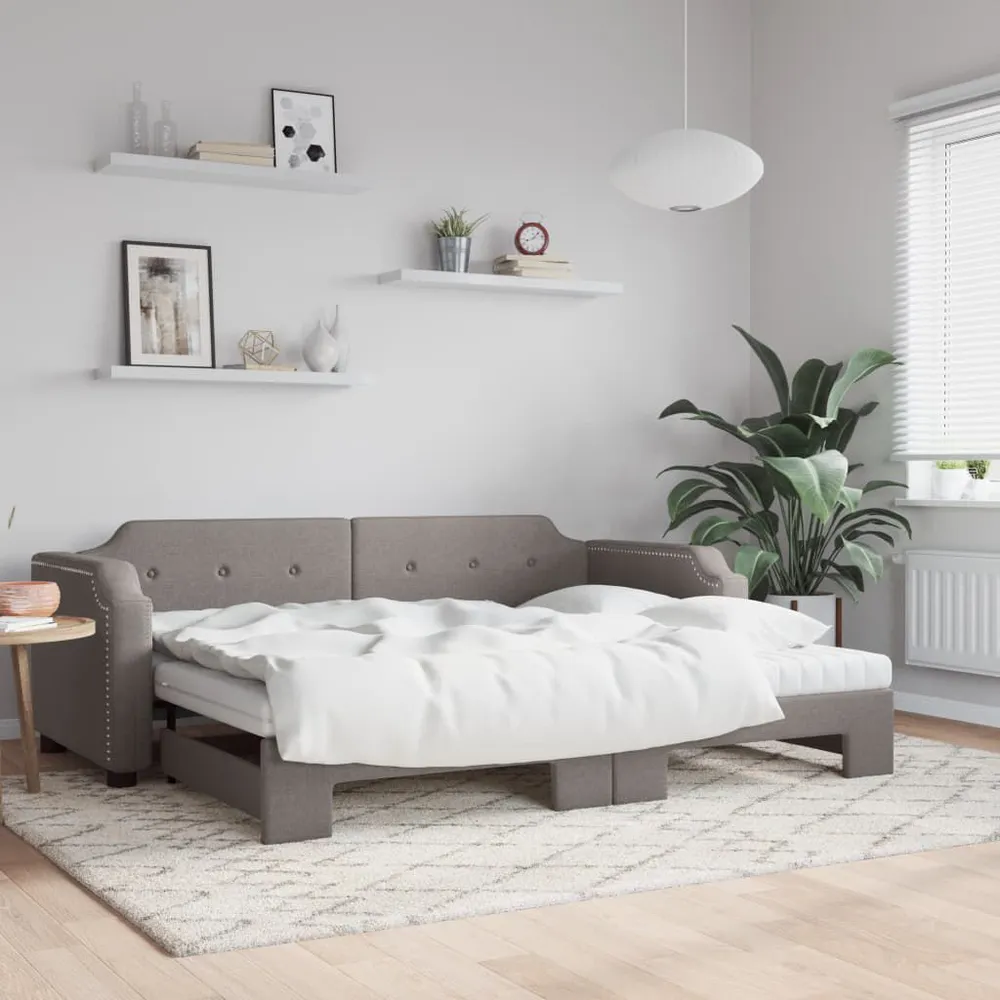 Slaapbank met onderschuifbed en matrassen 80x200 cm stof taupe