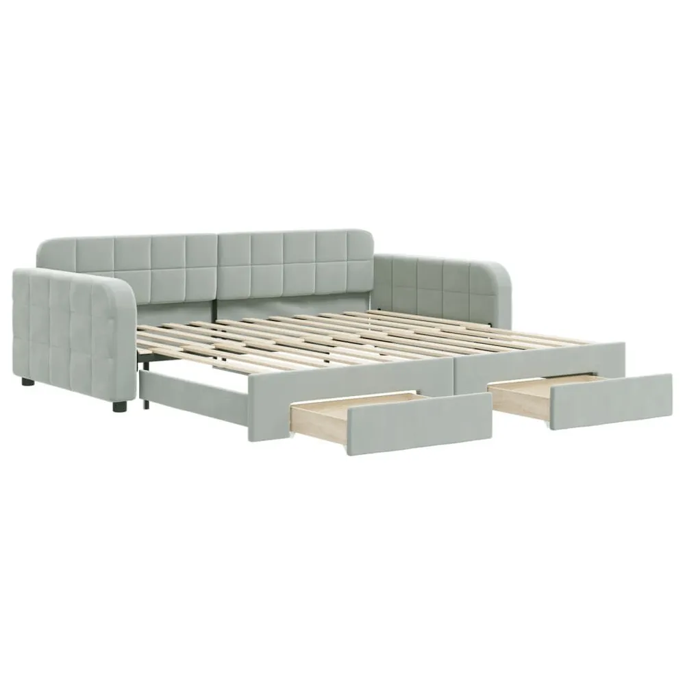 Slaapbank onderschuifbed en lades 100x200 cm fluweel lichtgrijs Beige | Donkergrijs
