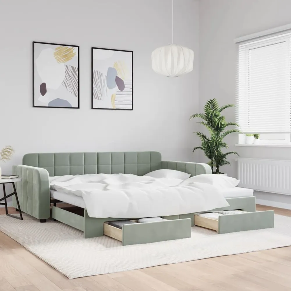 Slaapbank onderschuifbed en lades 100x200 cm fluweel lichtgrijs Beige | Donkergrijs