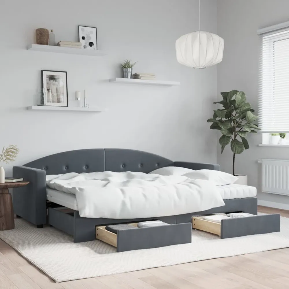 Slaapbank onderschuifbed en lades 80x200 cm fluweel donkergrijs 190cm Lengte