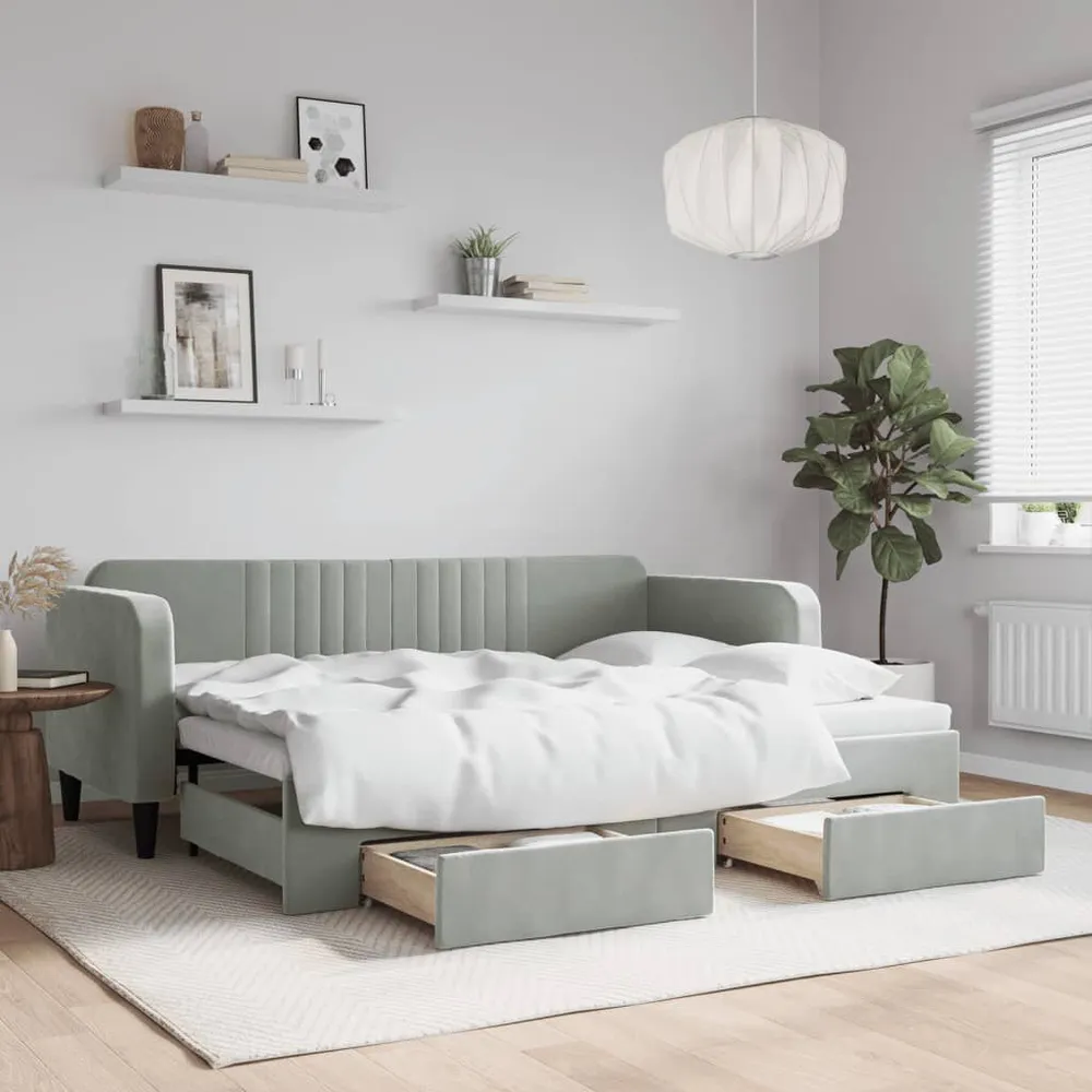 Slaapbank onderschuifbed en lades 80x200 cm fluweel lichtgrijs - Universeel Pasmodel