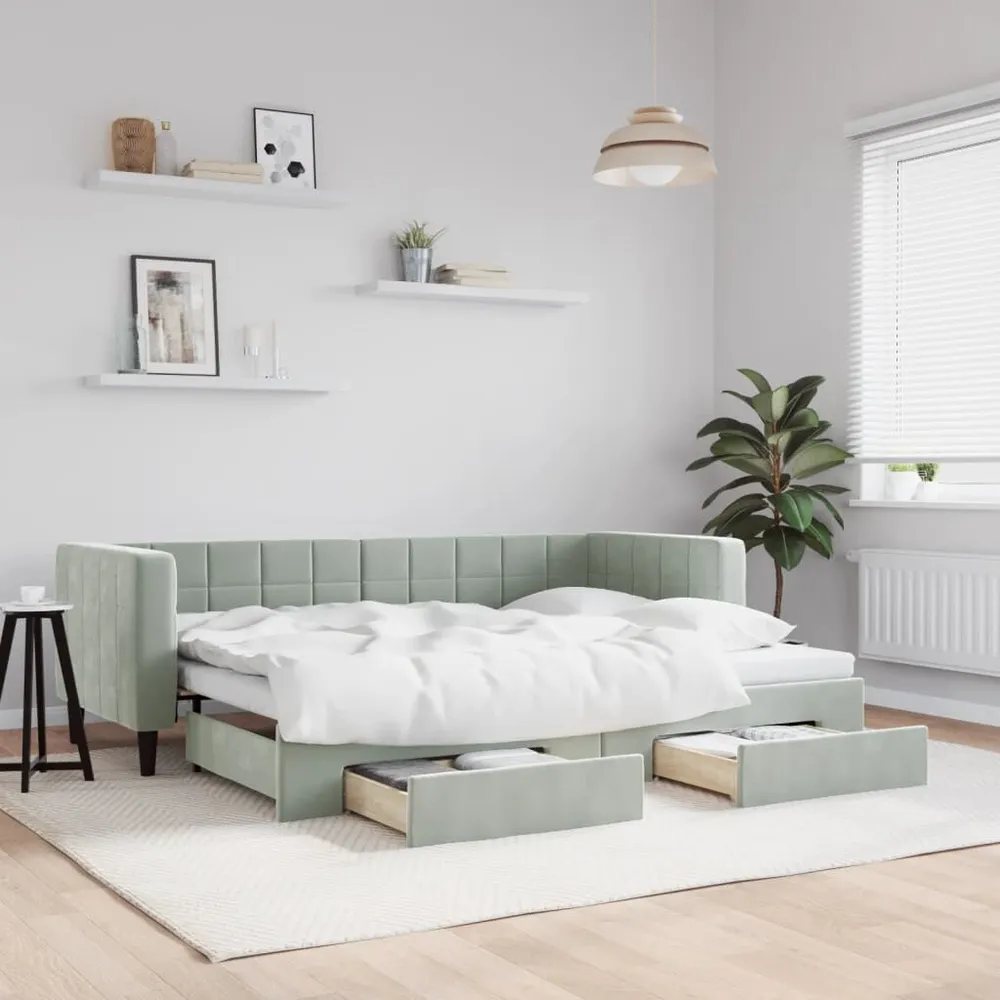 Slaapbank onderschuifbed en lades 80x200 cm fluweel lichtgrijs met Verstelbaar Mechanisme