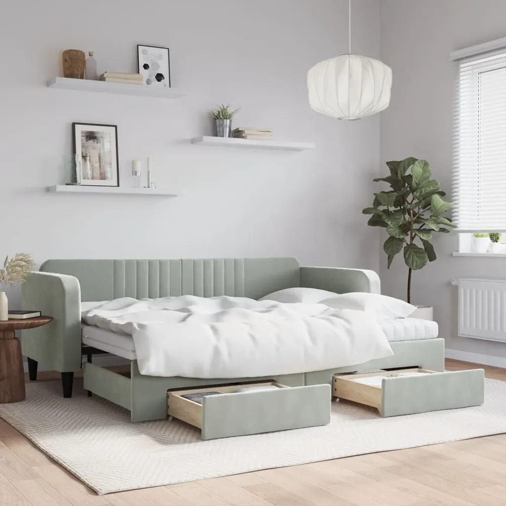 Slaapbank onderschuifbed en lades 80x200 cm fluweel lichtgrijs - Universeel Pasmodel