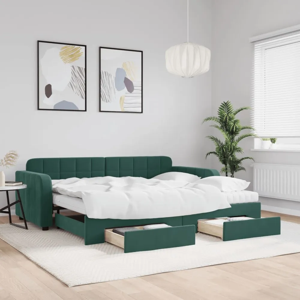 Slaapbank onderschuifbed en lades 90x200 cm fluweel donkergroen