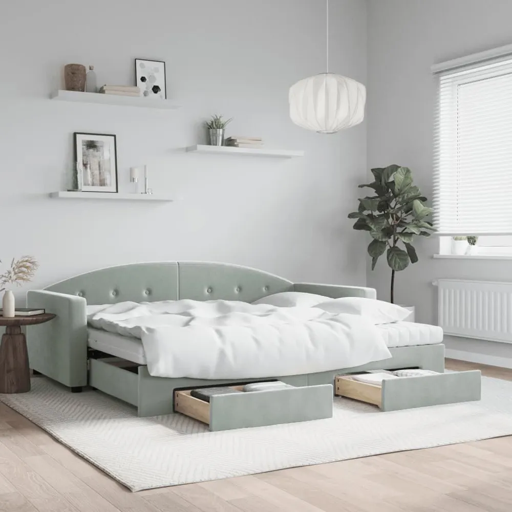 Slaapbank onderschuifbed en lades 90x200 cm fluweel lichtgrijs