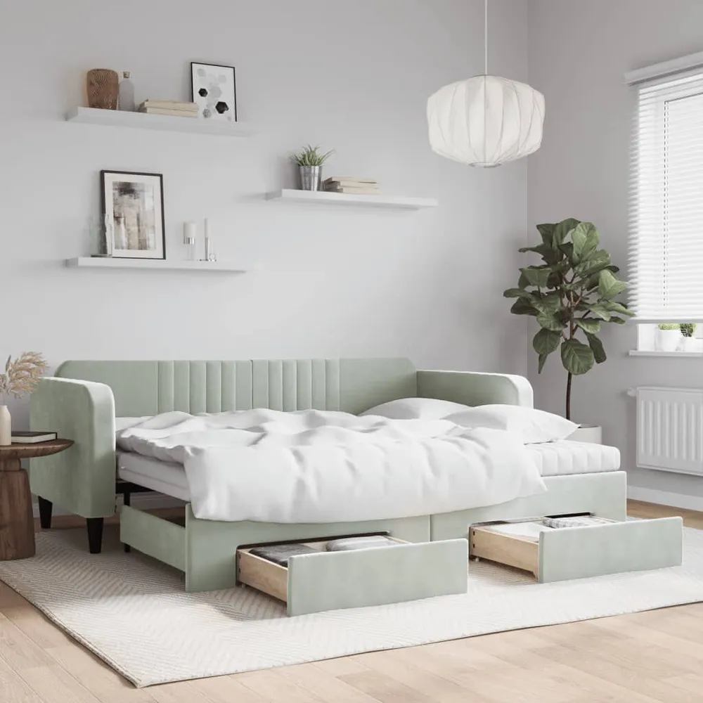 Slaapbank onderschuifbed en lades 90x200 cm fluweel lichtgrijs
