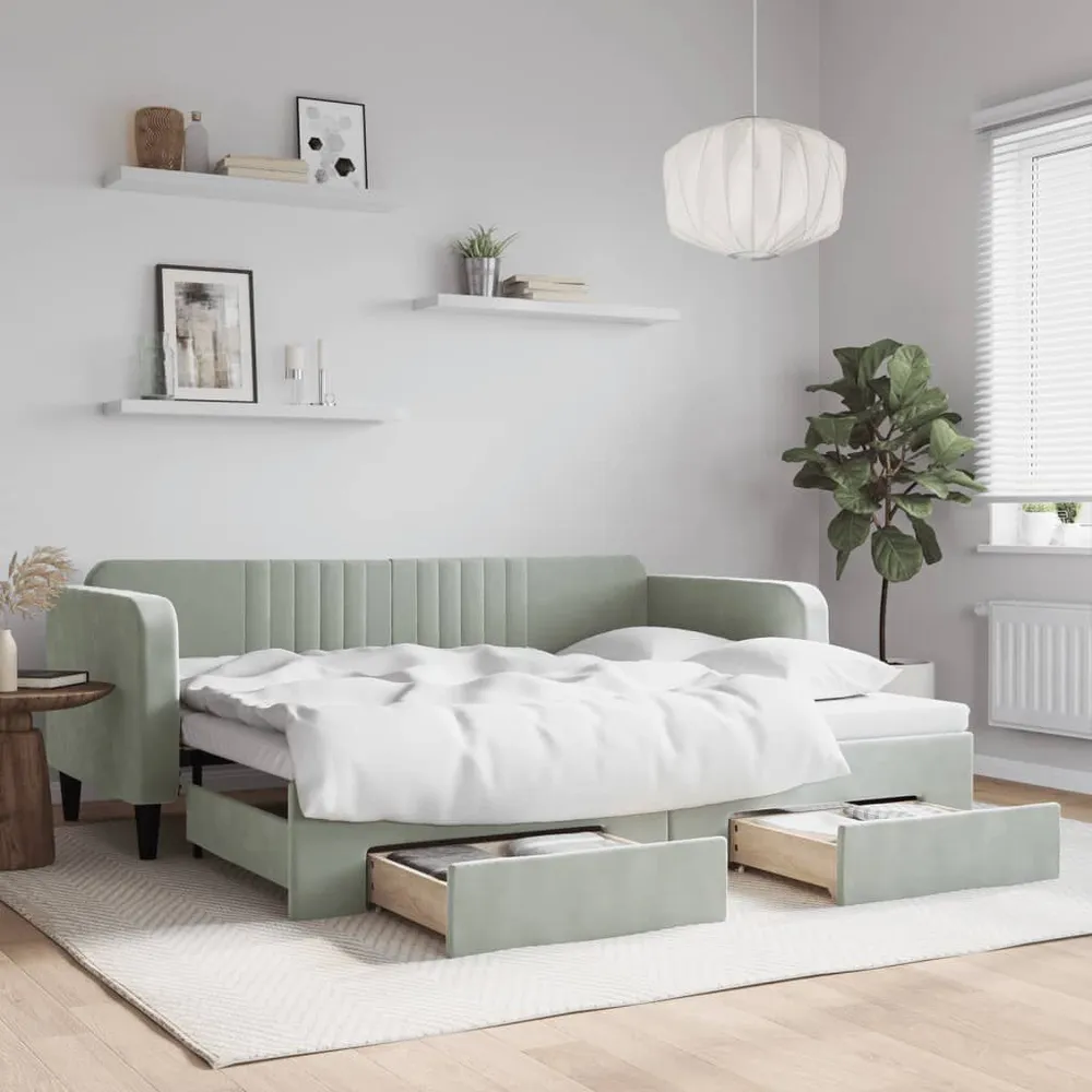 Slaapbank onderschuifbed en lades 90x200 cm fluweel lichtgrijs