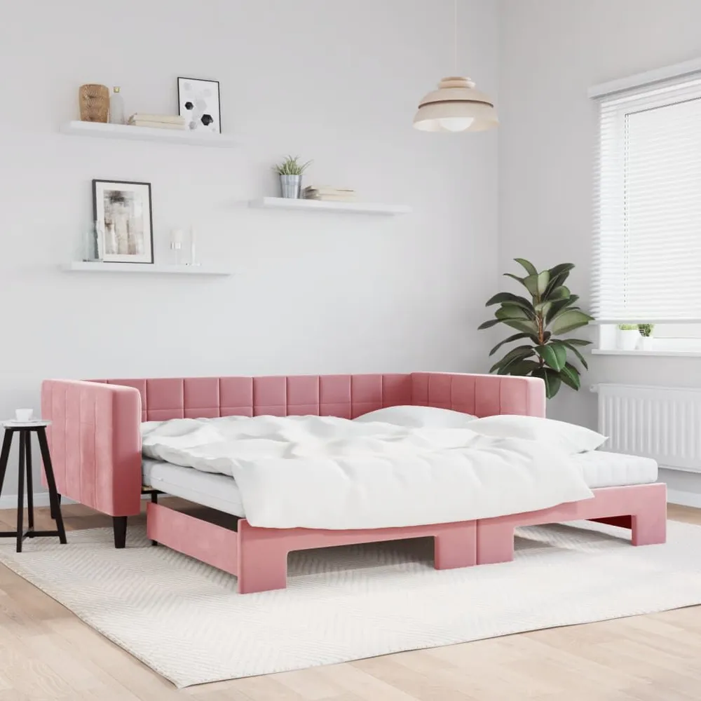 Slaapbank onderschuifbed en matrassen 100x200 cm fluweel roze voor Hymer | Adria | Knaus