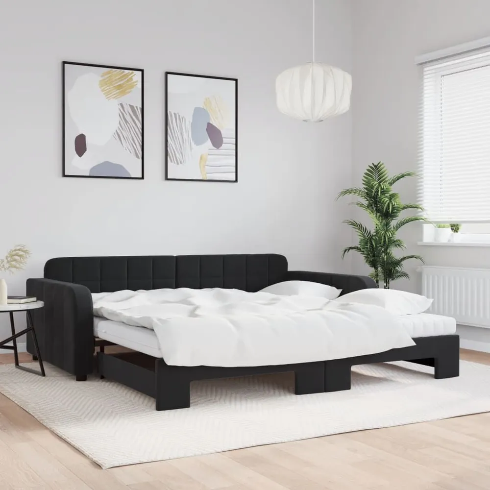 Slaapbank onderschuifbed en matrassen 100x200 cm fluweel zwart