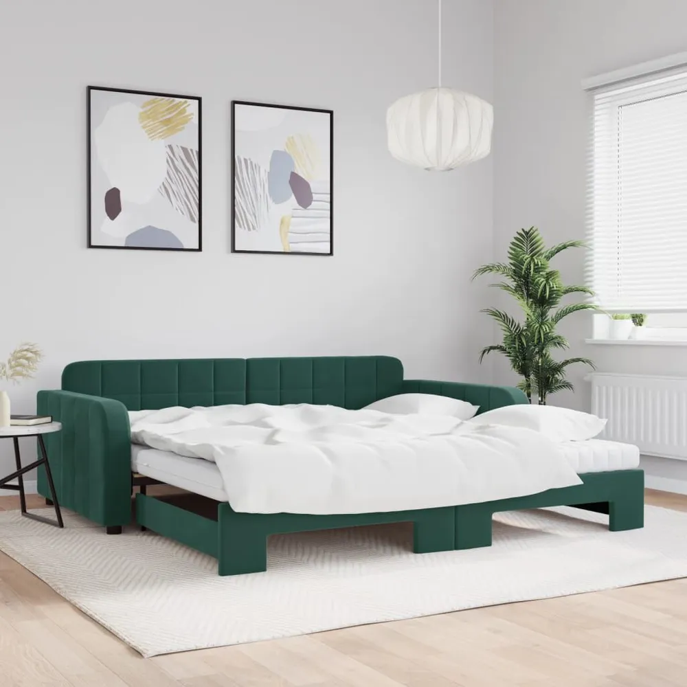 Slaapbank onderschuifbed matrassen 100x200cm fluweeldonkergroen