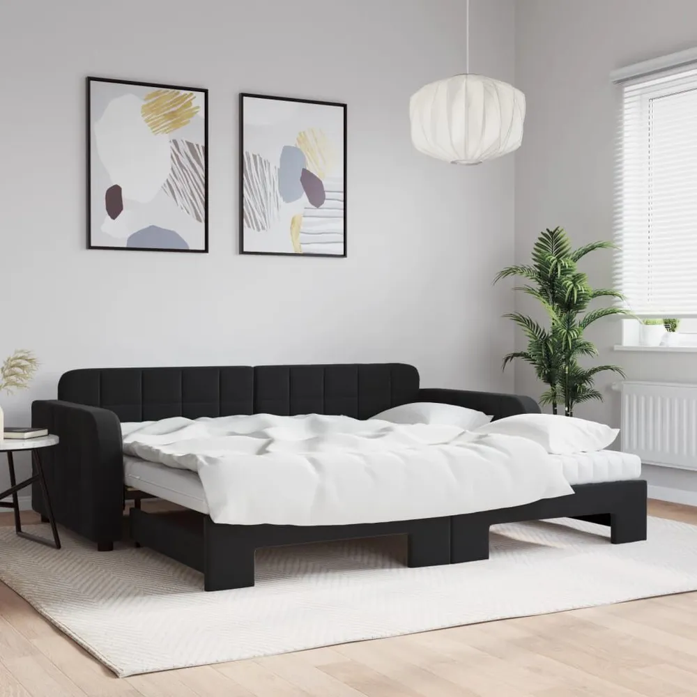 Slaapbank onderschuifbed en matrassen 90x200 cm fluweel zwart
