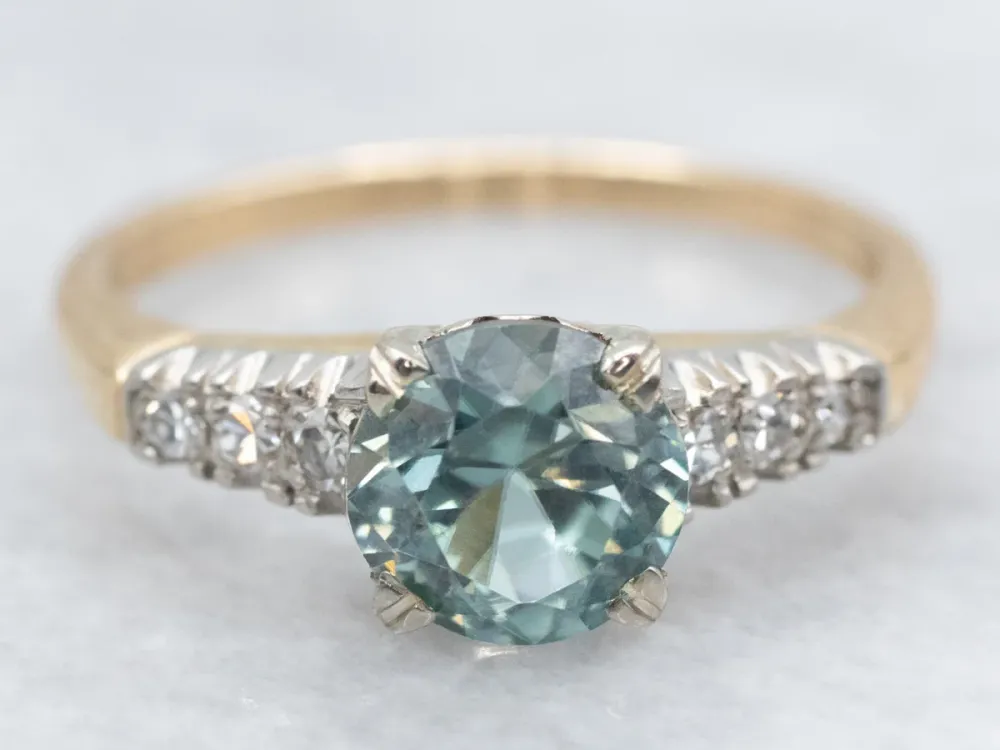 1950s Blue Zircon and Diamond Two Tone Ring