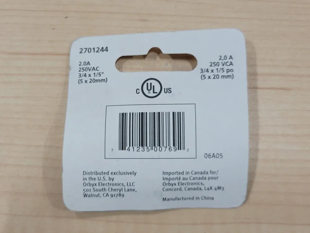 2 Amp Fast Acting Glass Fuse 2701244