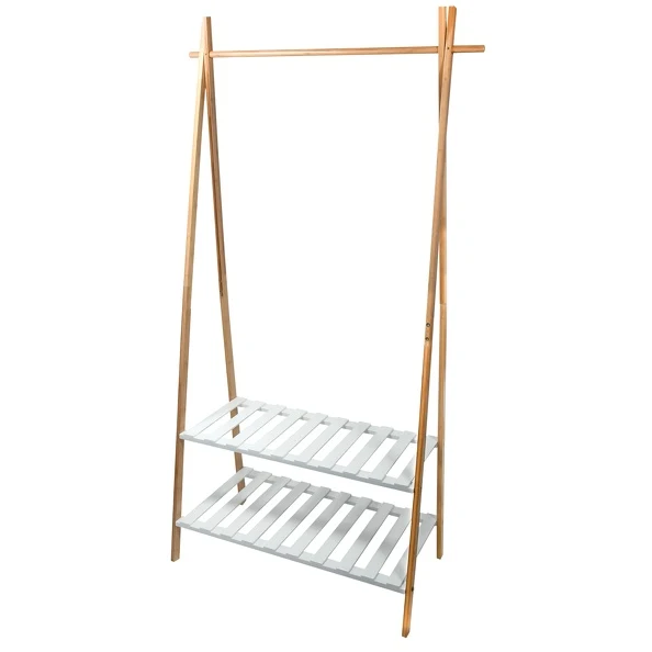 Bamboo coat rack two shelves model Mia - White, Black and Bamboo
