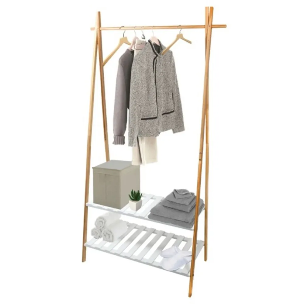 Bamboo coat rack two shelves model Mia - White, Black and Bamboo
