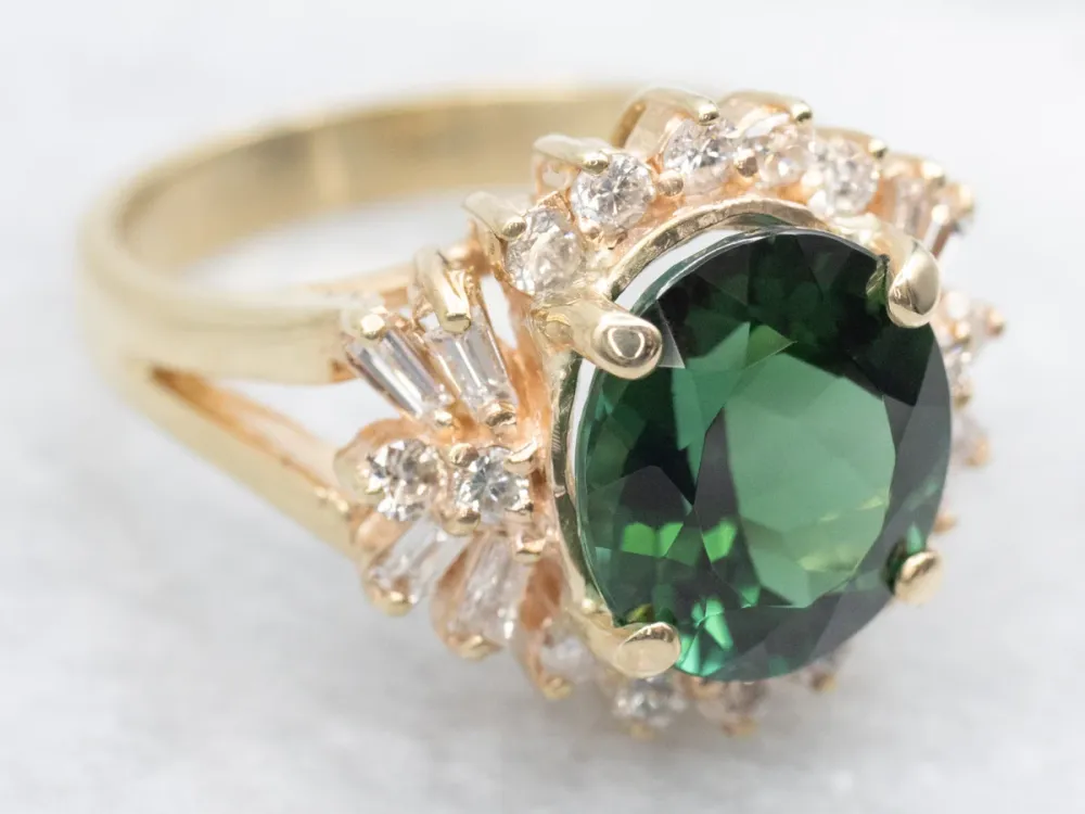 Green Tourmaline Multi-Cut Diamond Halo Ring