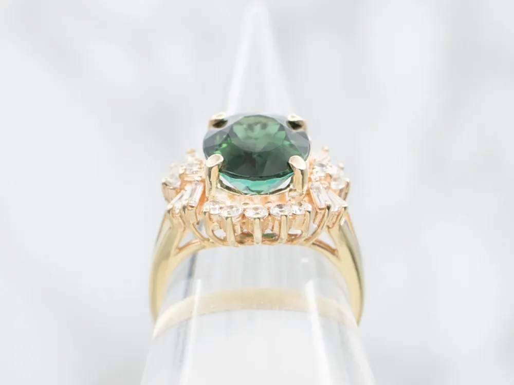 Green Tourmaline Multi-Cut Diamond Halo Ring