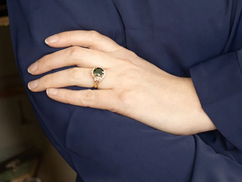 Green Tourmaline Multi-Cut Diamond Halo Ring