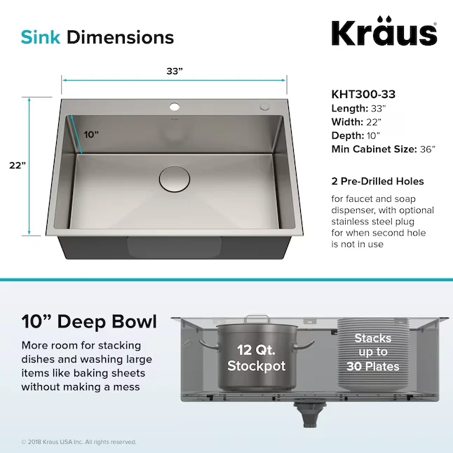 Kraus Standart PRO Dual-mount 33- x 22- Stainless Steel Los Bowl 2-Hole Kitchen Sink