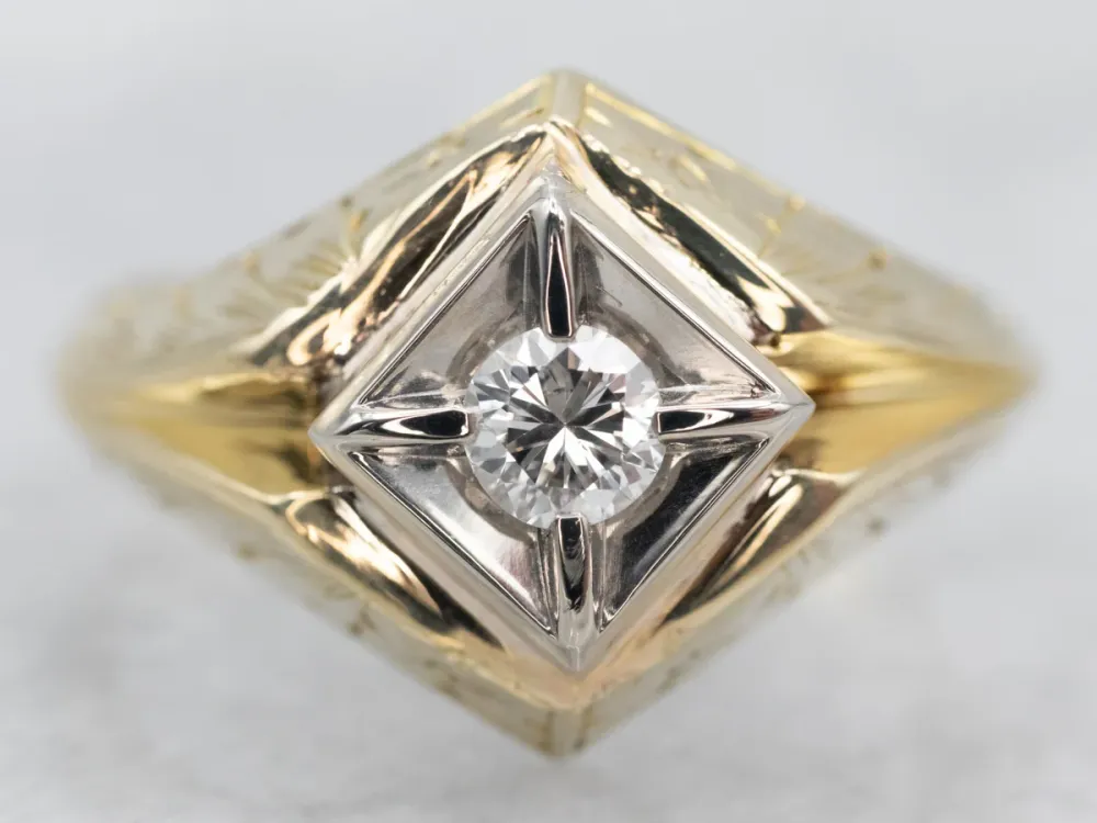 Late Art Deco Two Tone Goud Diamond Solitaire Engagement Ring compatibel met VW Golf 7