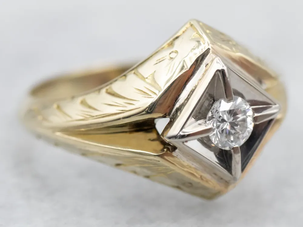 Late Art Deco Two Tone Goud Diamond Solitaire Engagement Ring compatibel met VW Golf 7