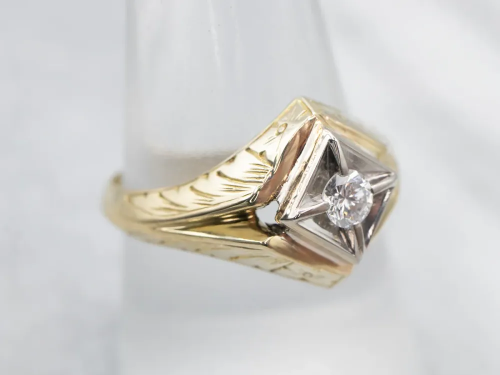 Late Art Deco Two Tone Goud Diamond Solitaire Engagement Ring compatibel met VW Golf 7