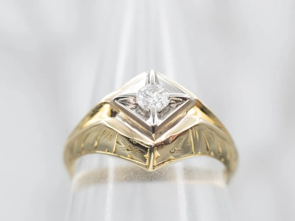 Late Art Deco Two Tone Goud Diamond Solitaire Engagement Ring compatibel met VW Golf 7
