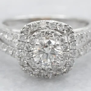 Modern GIA Diamond Double Halo Ring Engagement Ring