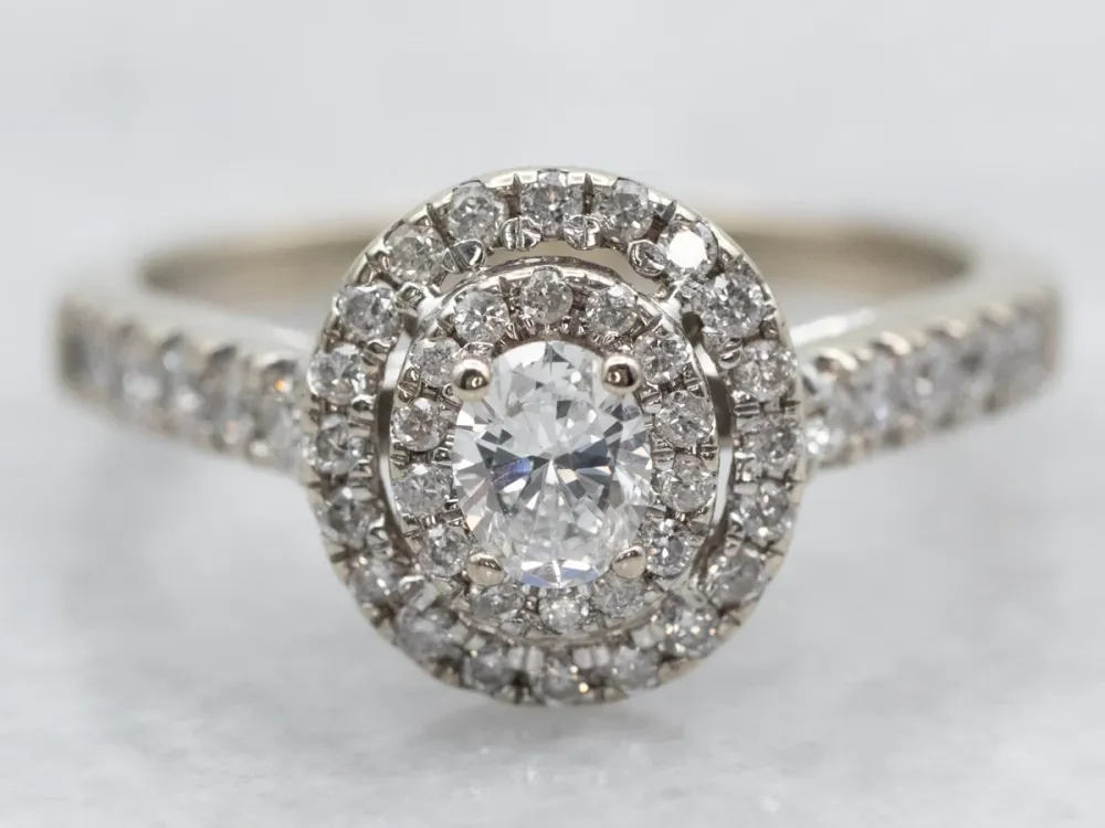 Modern Oval Cut Diamond Engagement Ring Double Diamond Halo