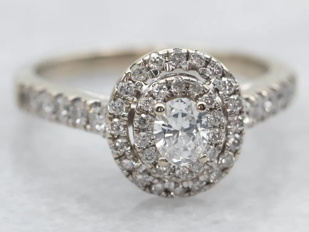 Modern Oval Cut Diamond Engagement Ring Double Diamond Halo