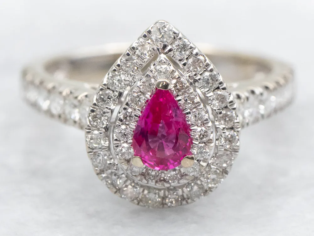 Modern Pink Sapphire Ring Dubbel Diamond Halo met stofkap
