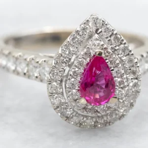 Modern Pink Sapphire Ring Dubbel Diamond Halo met stofkap