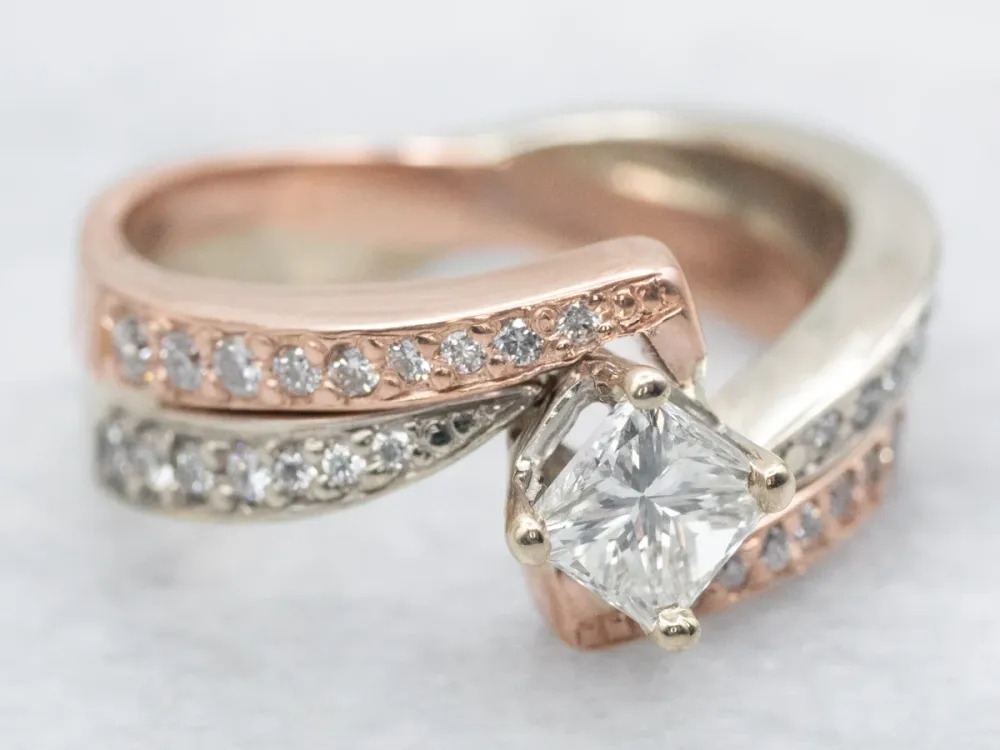 Modern Two Tone Diamond Bypass Engagement Ring